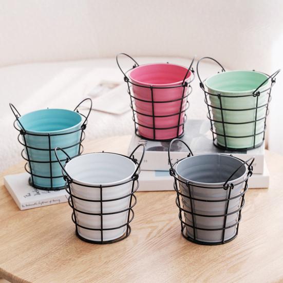 Storage Bucket with Iron Frame Hanging Planter Basket Balcony Flower Pot Hanger Home Decoration Vase with Handle for Living Room Courtyard