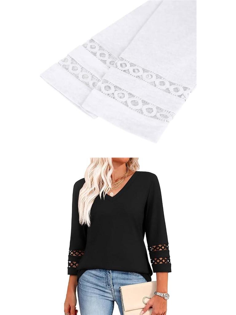2026 Women's Fashion Solid Color V-Neck Loose Three-Quarter Sleeve Round Neck Hollow-Out Casual Top