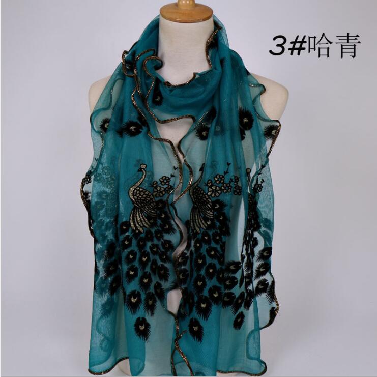 Women Chiffon Neck Scarf Flower Peacock Embroidered Lace Scarf Femmes Silk Long Soft Elegant Shawl New Spring Muffler Scarves
