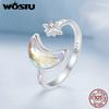 WOSTU 925 Sterling Silver Moon Star Open Ring For Women Rainbow Moonstone Zircon Adjustable Rings Lovely Party Jewelry Gift New