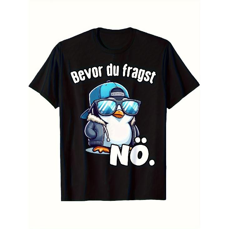 Men's Funny "Before You Ask No Penguin" Graphic T-Shirt with Glasses & Cap Design - Vintage Manga Casual Short Sleeve Tee, Loose Fit Black Shirt for