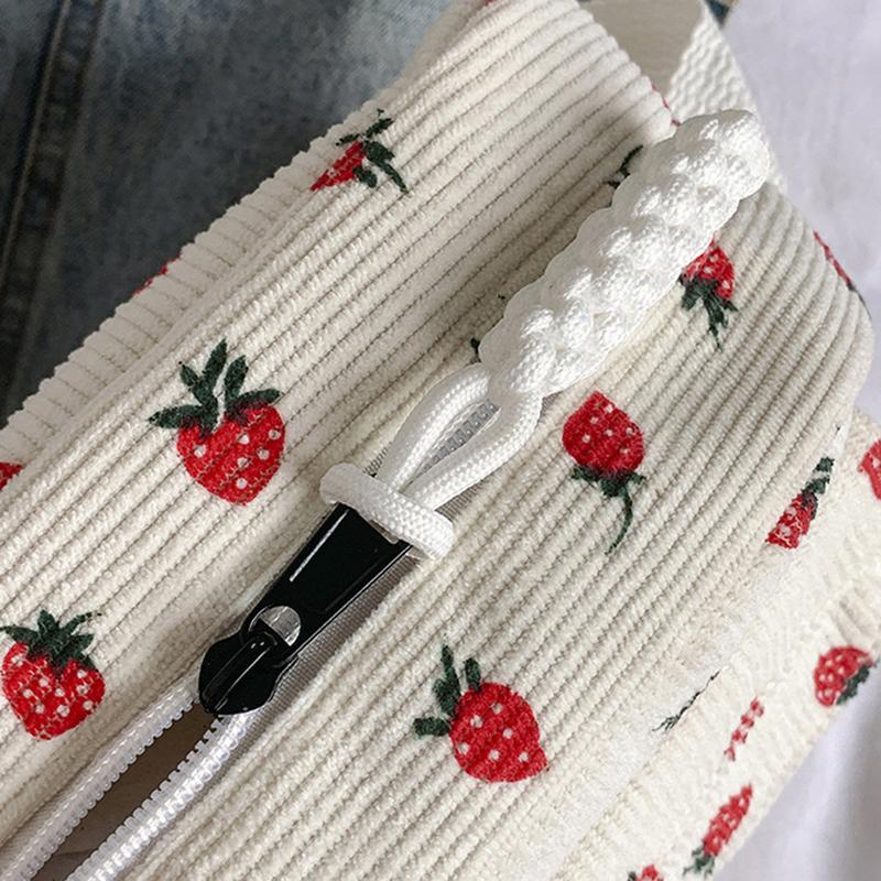 Cute Strawberry CorduroyShoulder Bag Casual Zipper Trendy Crossbody Bag Tote Handbag for Women Girls Travel Work Messenger Bag CLE