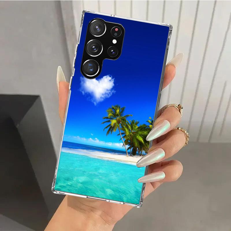 Letni Zachód Słońca nad Morzem z Palmą Etui na Telefon dla Samsung Galaxy S26 S24 S23 Ultra S25 Edge S22 S21 Plus S20 FE + Miękki Nadruk Osłona