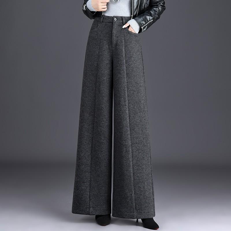Women's High Waist Wide Leg Pants Straight Leg Pants Elegant Commuter Style Thick Woolen Fabric Pocket Design Winter Casual Long Trousers