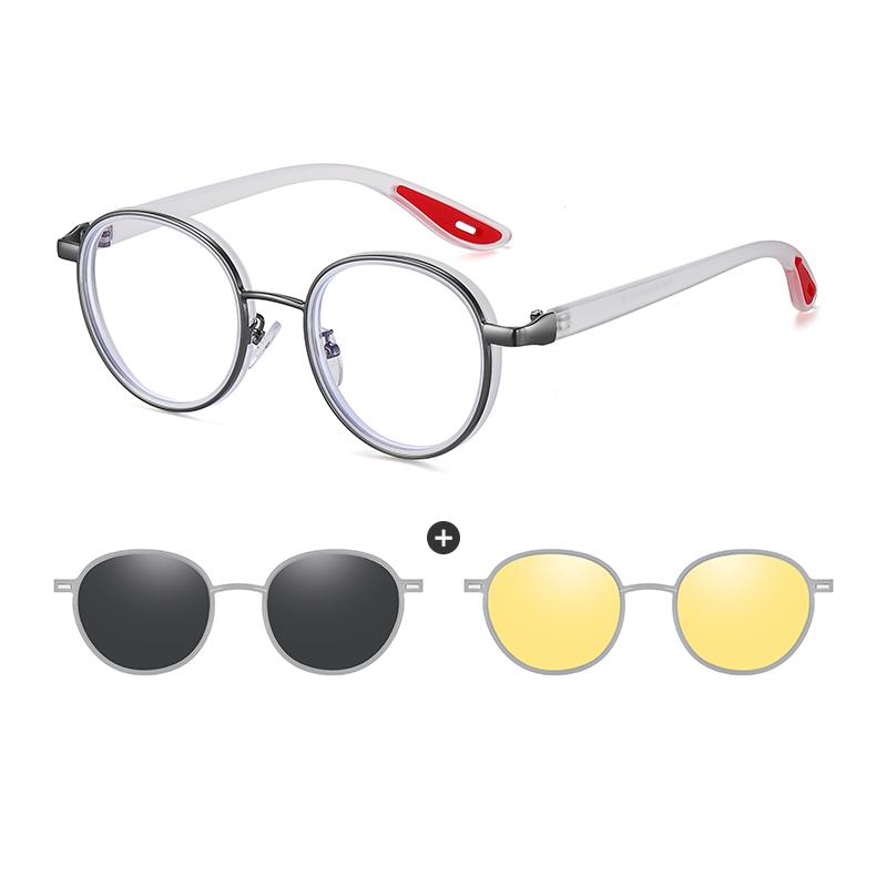

3 In 1 Round Alloy Full Rim Glasses Frame for Women with Polarized Clip-On & Night Vision Unisex Eyewear for Driving & Outdoor