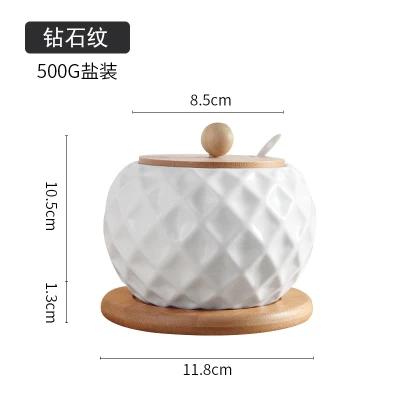 Ceramic Seasoning Jar with Lid Sugar Bowl Kitchen Storage Container Household Seasoning Box Storage Jar Wooden Tray 500ML