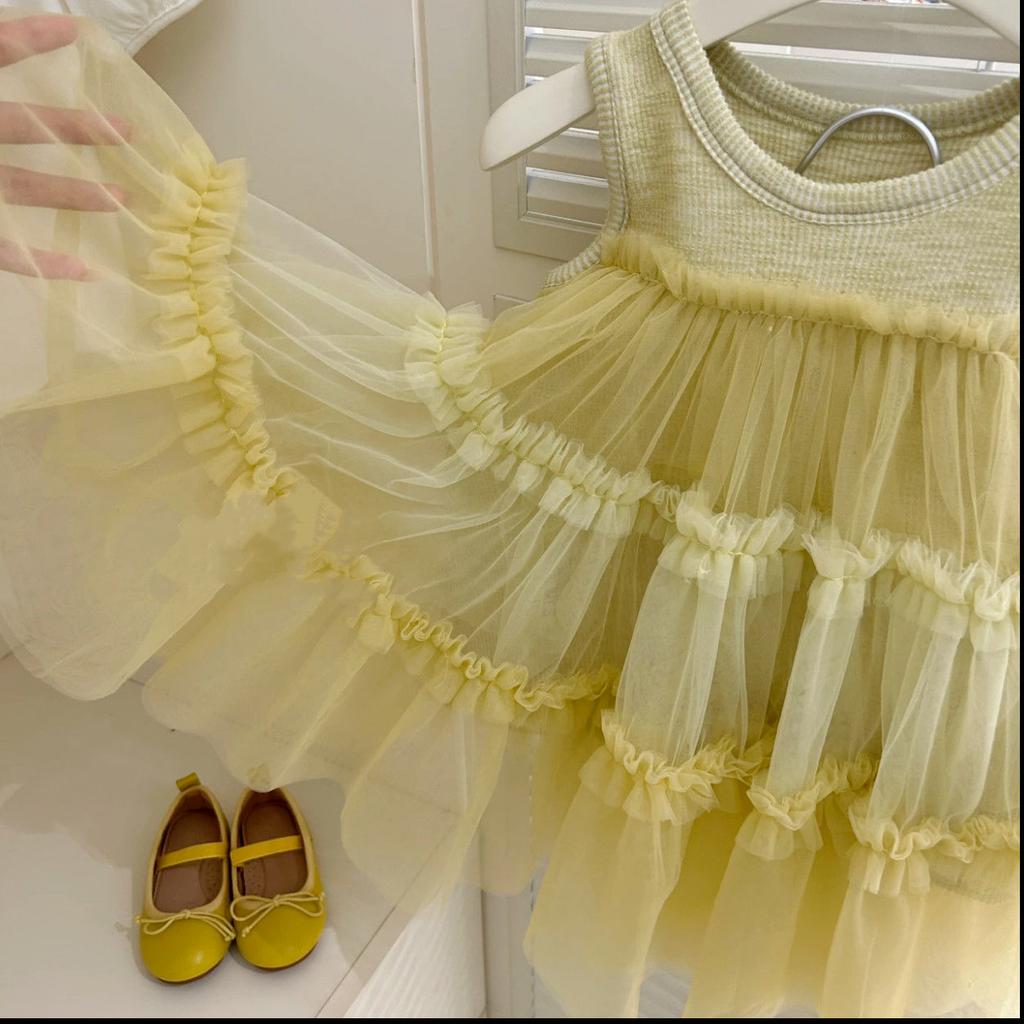 Mädchen Frühlings- und Sommerkleid mit Mesh-Patchwork-Weste Modischer und stilvoller Prinzessinnenrock