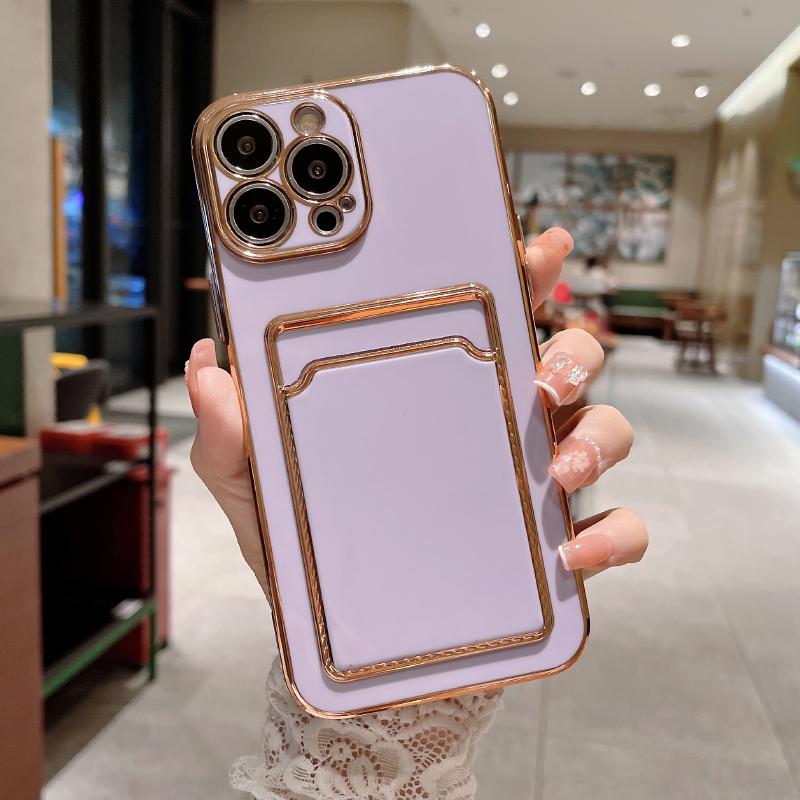 

Luxury Solid Color Plated Wallet Card Slot Soft TPU Phone Case For iPhone 16 Pro Max 14 11 12 13 15 Pro Max Bumper Back Cover iPhone 15 Pro