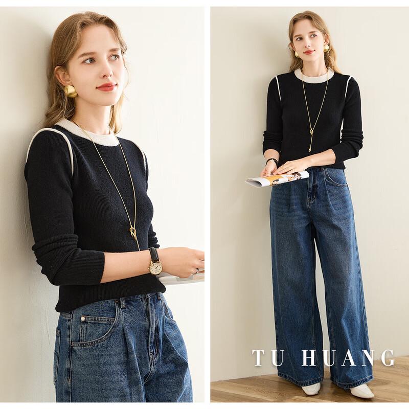 TUHUANG Women's Pure Wool Colorblock Ribbed Sweater