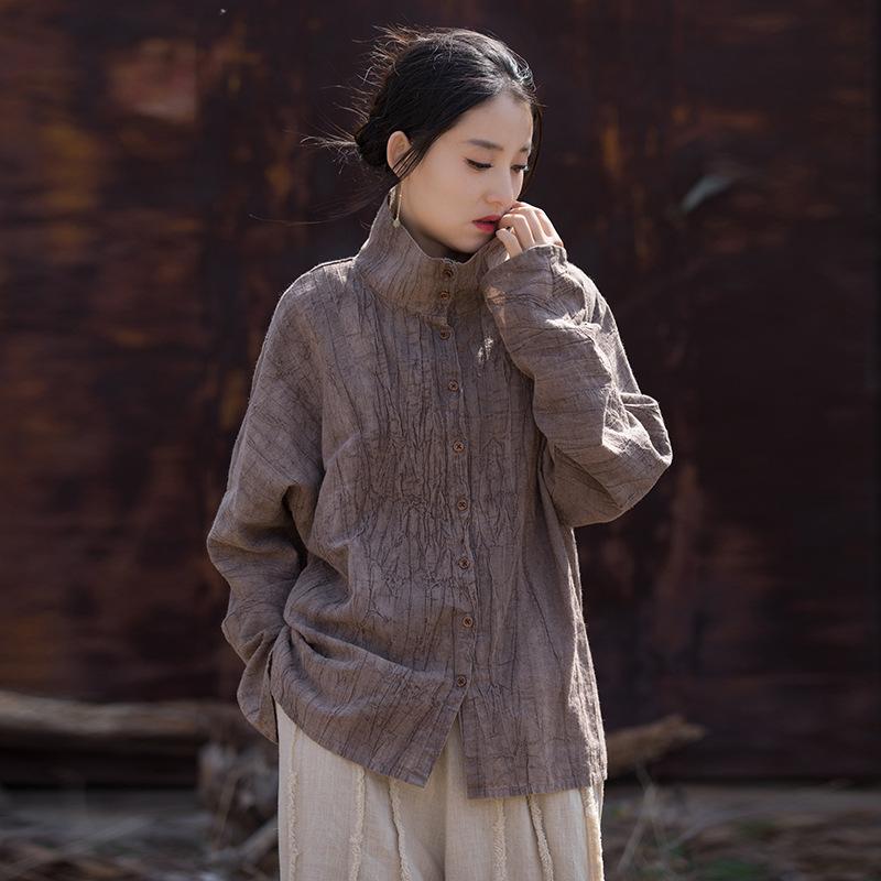 

Johnature женские винтажные рубашки с воротником до половины высоты, топы, блузки на пуговицах с длинными рукавами, весенние свободные рубашки в китайском стиле One Size фиолетовый