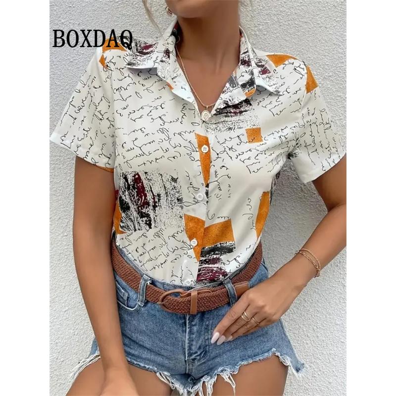 Nowa Letnia Bluzka Damska Topy Moda Codzienna Kołnierzyk Krótki Rękaw Koszule Y2k Vintage Szyfonowa Koszula z Kwiatowym Wzorem Odzież Damska