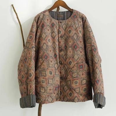 Casacos Femininos Vintage de Inverno com Estampa Floral Quente Gola O Manga Longa Estilo Chinês Casacos Femininos