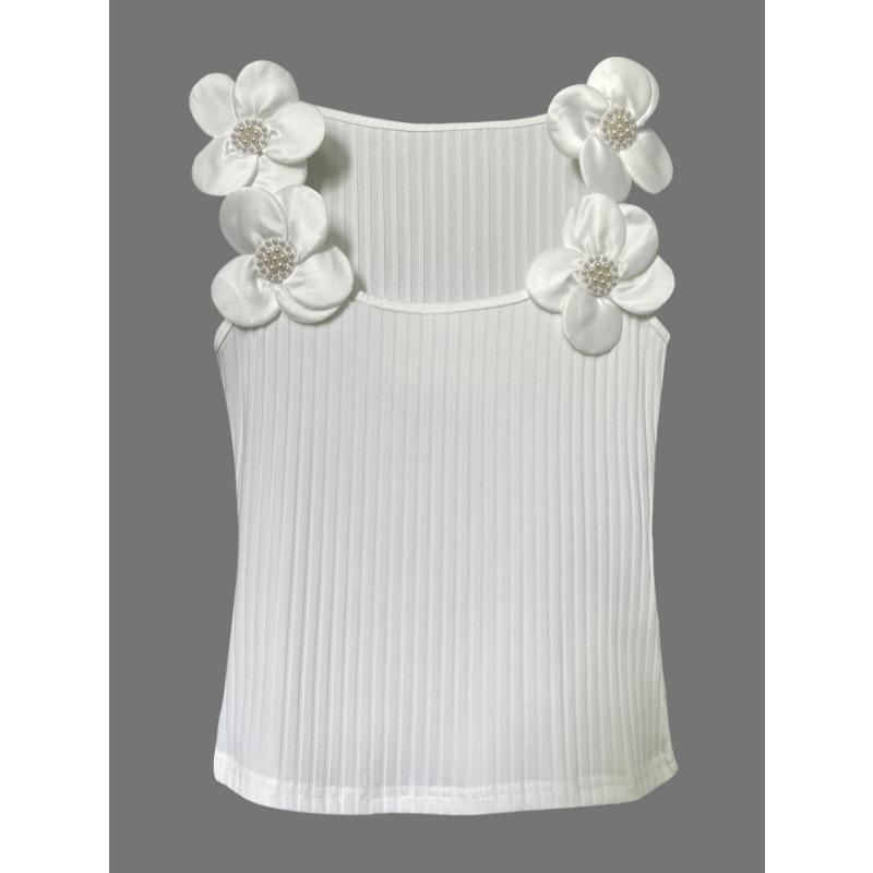 New 3D Floral Elegant Spring/summer Knitted Vest Solid Color Slim Fit Shirts Sweet Tank Tops Casual Simple Sleeveless Blouse