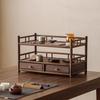 Guanlan Walnut Wood Tea Table with Double Drawer and Display Shelves for Tea Pot and Cup Storage