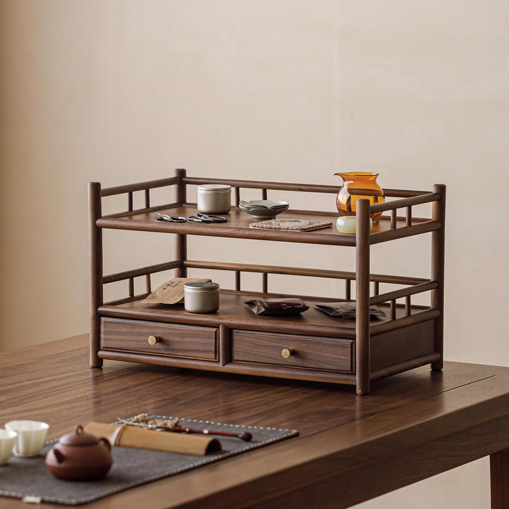 Guanlan Walnut Wood Tea Table with Double Drawer and Display Shelves for Tea Pot and Cup Storage
