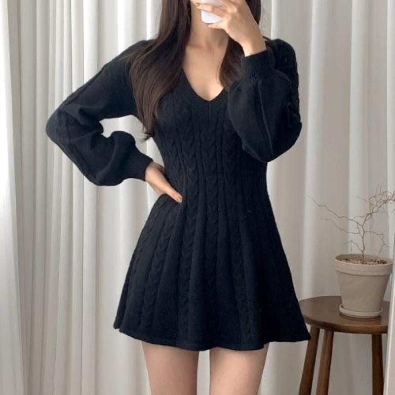 Korean Chic Lantern Sleeve V-Neck Knitted Sweater Dress