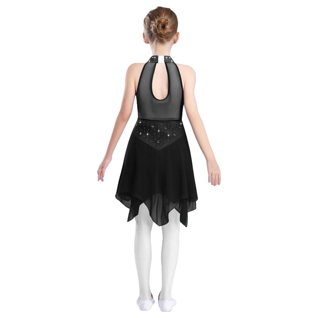 Girls Lyrical Dance Costume Sparkle Rhinestones Keyhole Back Irregular Chiffon Hem Skating Dress