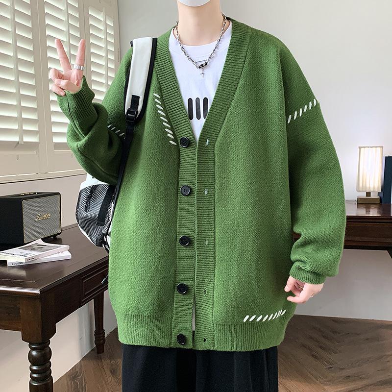 

Мужской вязаный кардиган с V-образным вырезом, Осень-Зима, Мужской пэчворк в стиле Харадзюку, Свободный вязаный свитер, Верхняя одежда, Пальто, Мужская повседневная уличная одежда S зелёный