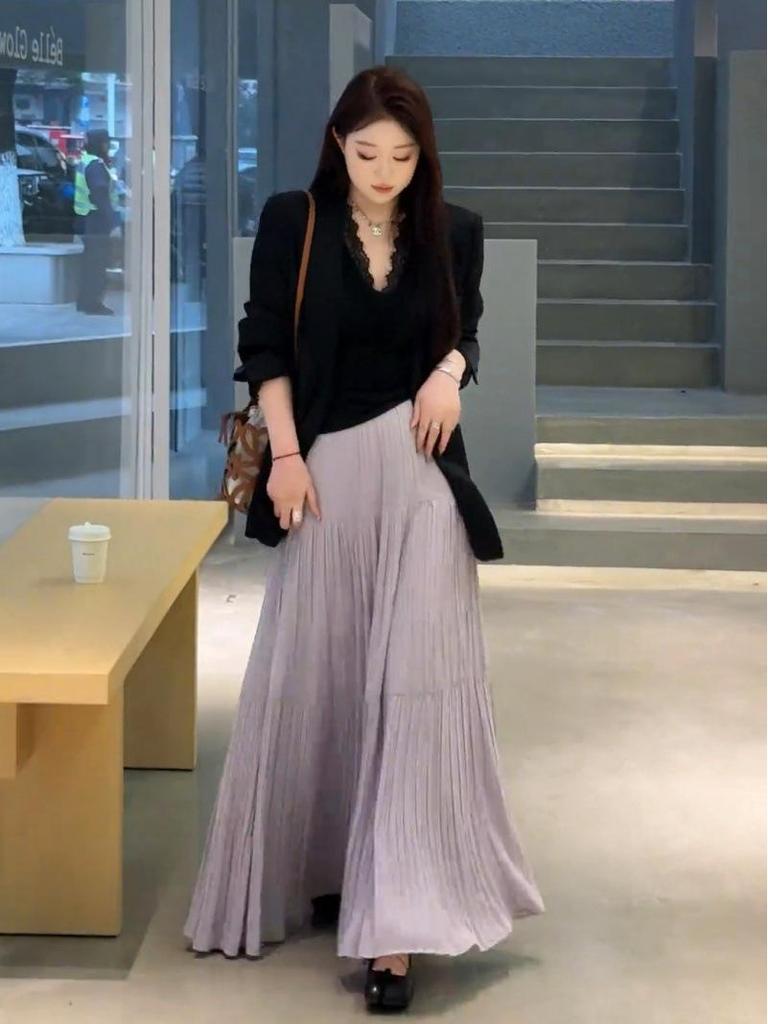 French Retro Elegant High-Waist Chiffon Midi Skirt