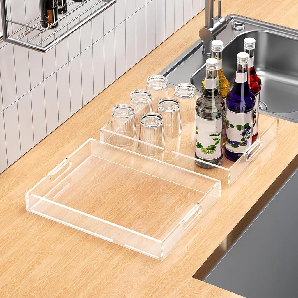 Clear Acrylic Tray 2 Pieces Leakproof With Handles Table Decor Acrylic Tray Display Organizer For Food Snack Dessert Coffee