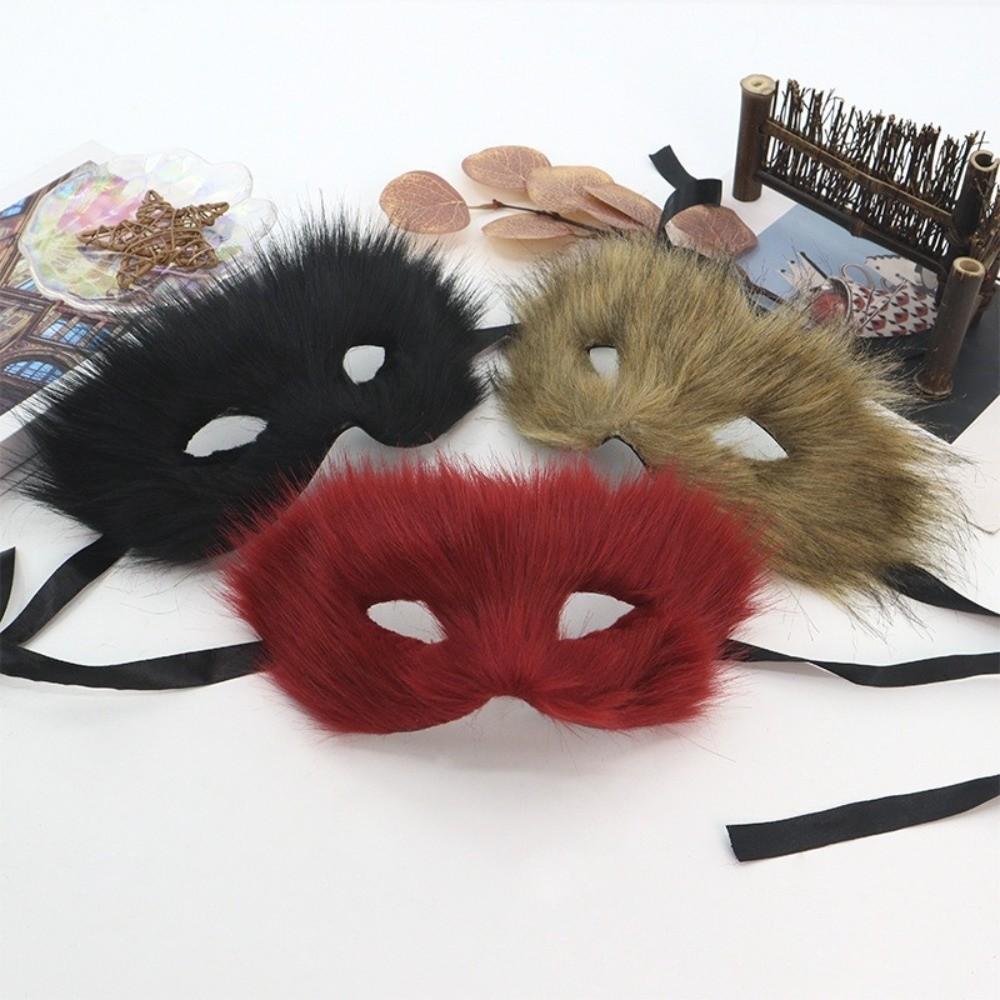 Long Furry Plush Cat Mask Animal Masquerade Mask Funny Halloween Plush Mask  Male Female
