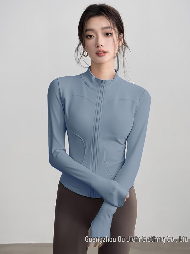 Women's Slim-Fit High Collar Yoga Jacket - Long Sleeve Knit Top for Outdoor Fitness