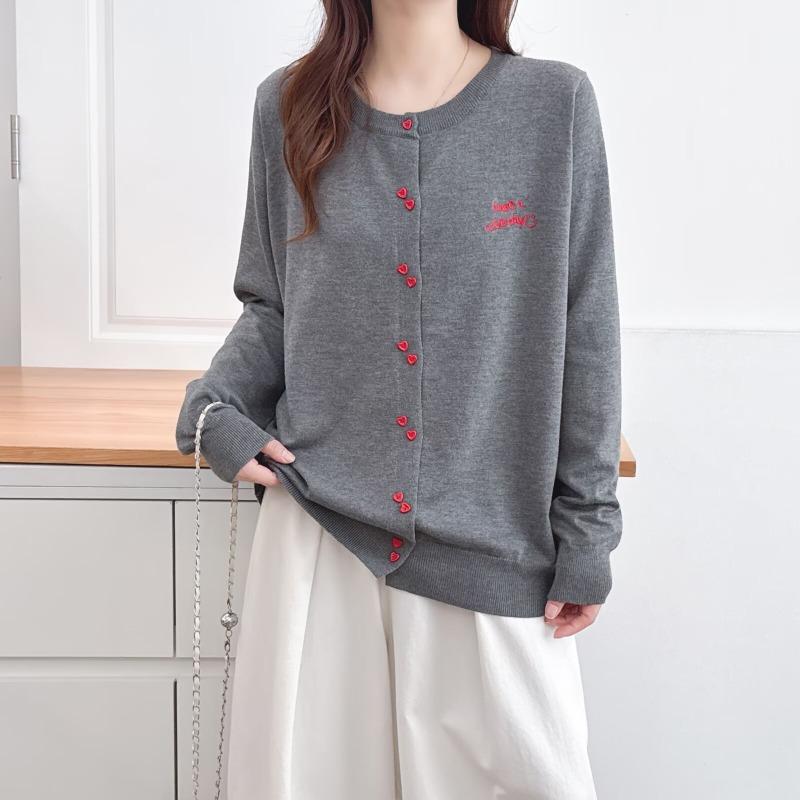 Plus Size Women Long Sleeve Knit Cardigan Sweater With Heart Button