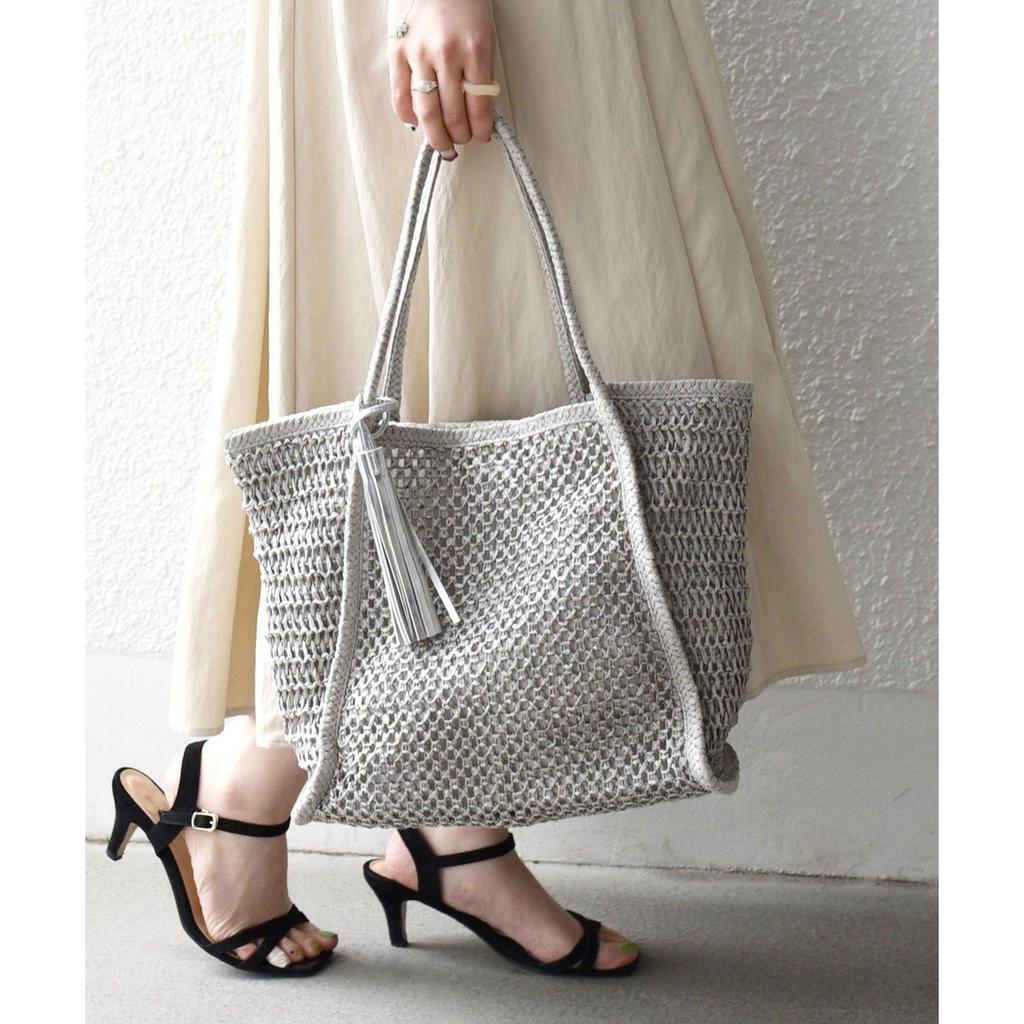 SHIPS any Tassel Openwork Knit Paper Tote Bag Green Brown Purple