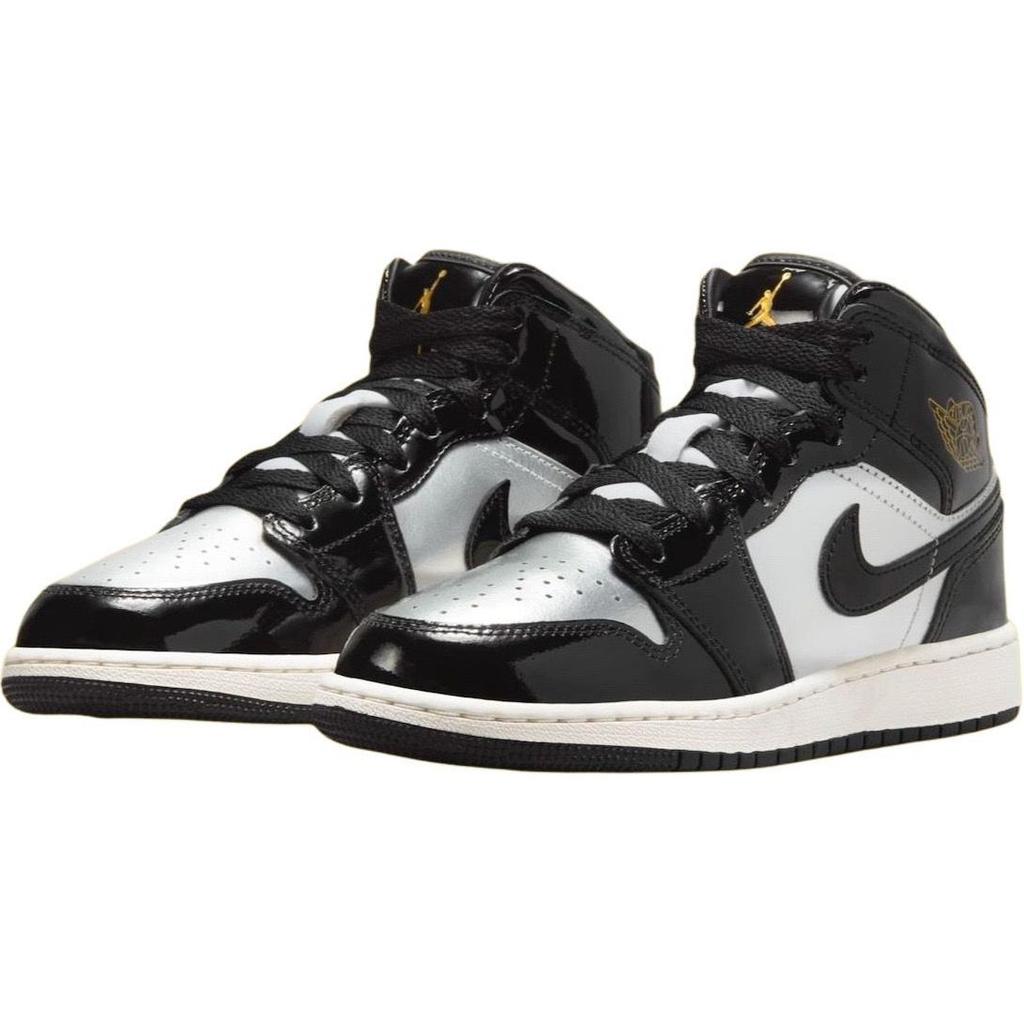 Air Jordan 1 Mid SE GS Black Metallic Silver Kids Sneakers Metallic-Gold Sail Pure-Platinum FZ3938-001