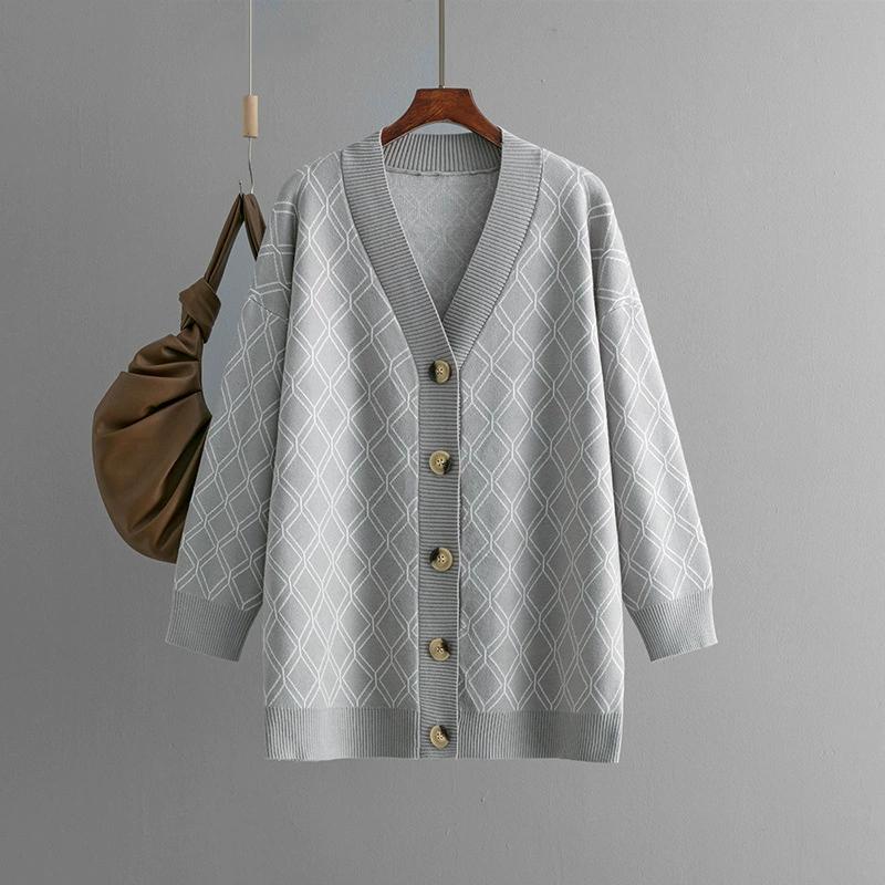 Autumn and Winter New V-neck Cardigan Sweater Cross-border Women's Casual Loose Diamond Grid Knit Sweater Jacket