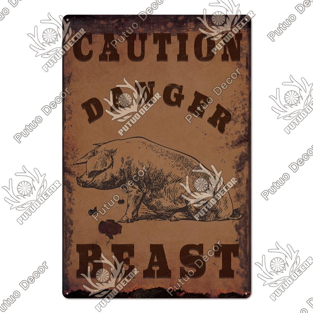 Putuo Decor Warning Tin Sign Vintage Metal Sign Pig Caution Plate Warning Decorative for Zoo Piggy Farm House Wall Decor