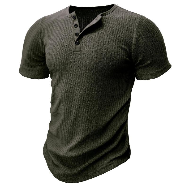 Men's Navy Blue Ribbed Knit Henley Short Sleeve Shirt Curved Hem Muscle Fit Top