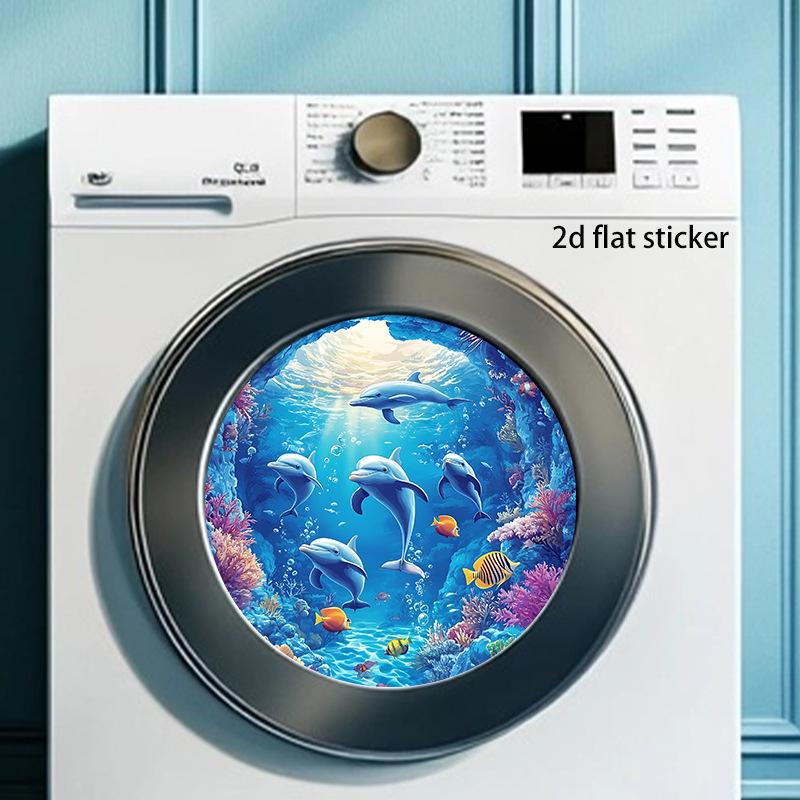 Underwater Dolphin Waves Round Sticker - Removable PVC Laundry/Balcony Decor