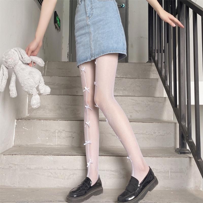 Women's Bows Fishnet Tights Stockings Cosplay Fishnets Socks High Waist Stockings Bows Tie Designs Fish Net Pantyhose