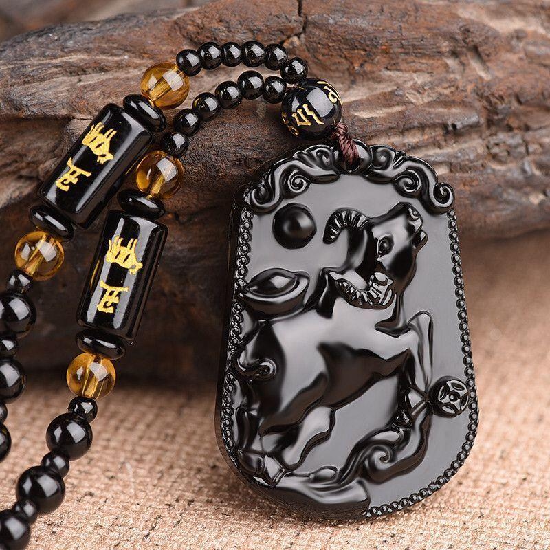 Fashion Chinese Style Zodiac Obsidian Carving Animal Horse Pendant Charm Men and Women Couple Amulet Necklace