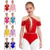 Girls Figure Skating Leotard Short Sleeve Cutout Back Sheer Mesh Patchwork Shiny Rhinestones Bodysuit