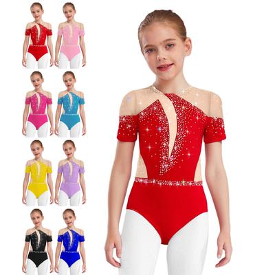 Girls Figure Skating Leotard Short Sleeve Cutout Back Sheer Mesh Patchwork Shiny Rhinestones Bodysuit