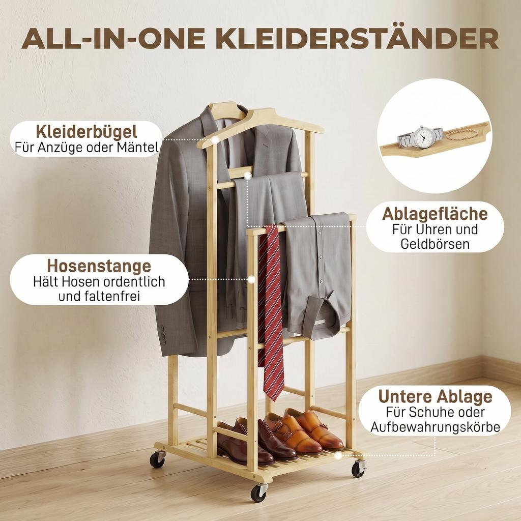Bamboo Clothes Rack on Wheels, Compact, with Hangers, Hanging Rails, Shelf and Bottom Shelf, Oak Look