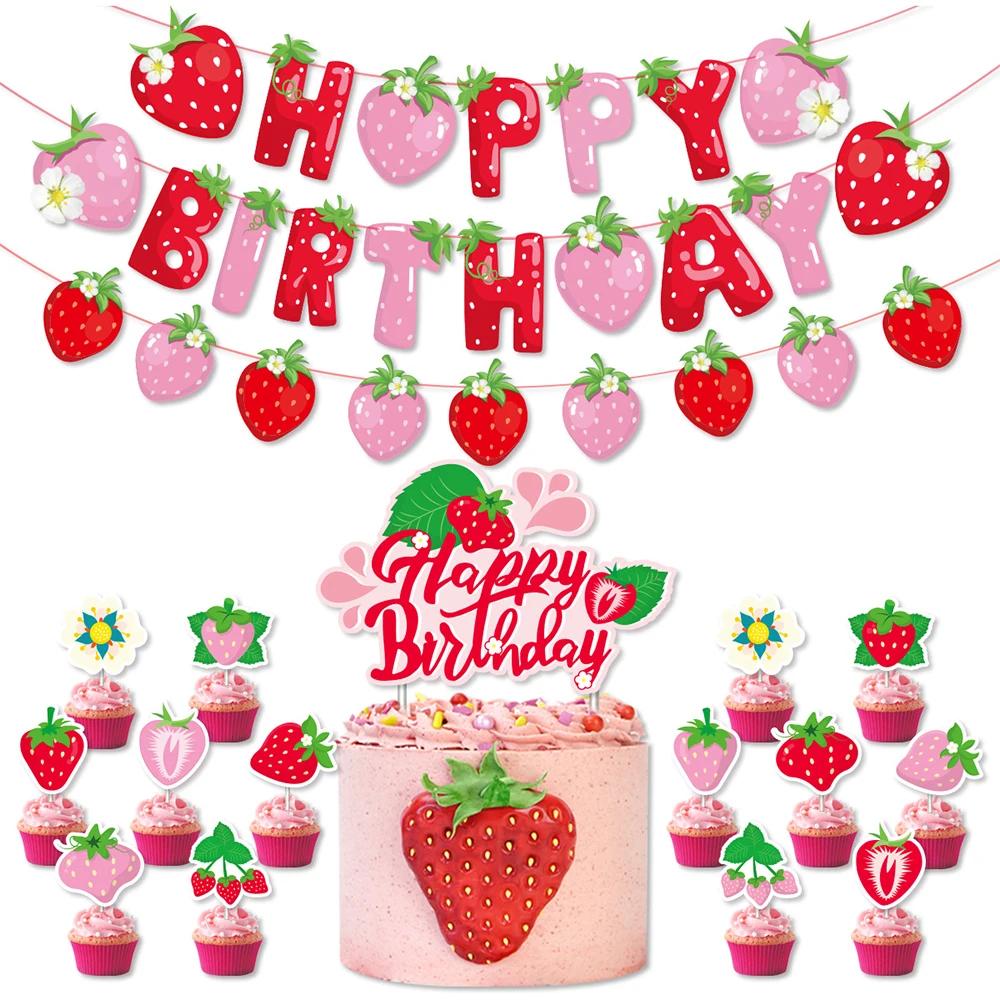 Runtow 38pcs Strawberry Balloon Birthday Party Decoration Strawberry Flag Cake Card Insertion Balloon Decoration