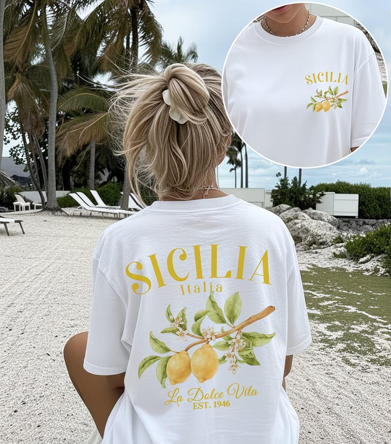La Dolce Vita Lemon Printed T-Shirt Trendy Italian Vibes Summer Holiday Tops Women Aesthetic Loose Casual Short Sleeve Tee S белый