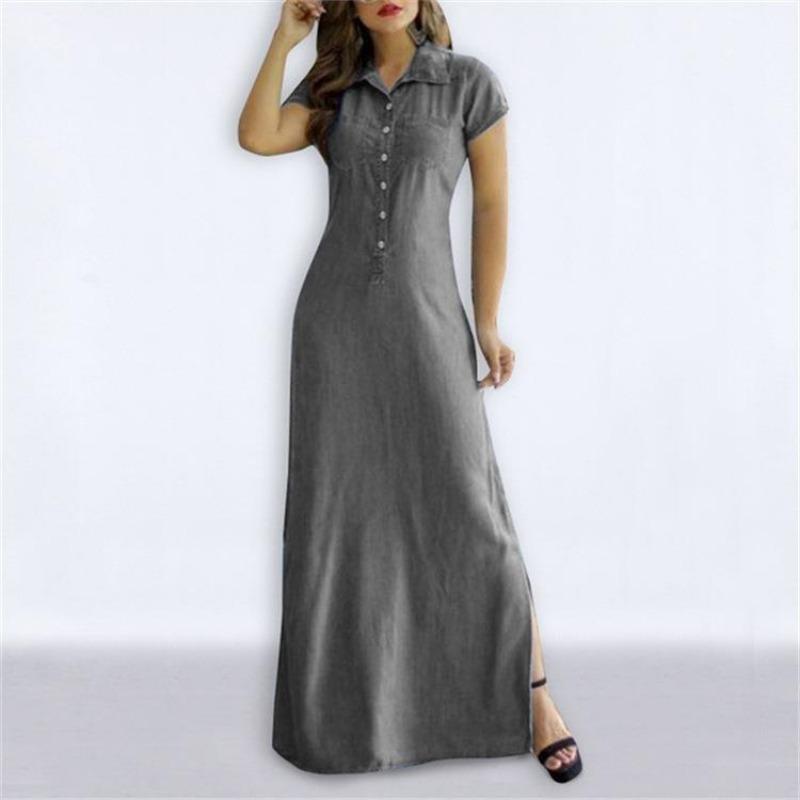 2026 New Women's Denim Shirt Dress - Long Casual Maxi Dress with Shirt Collar, Side Slit, Pockets, and Flared Hem, Plus Size Comfortable Summer Dress
