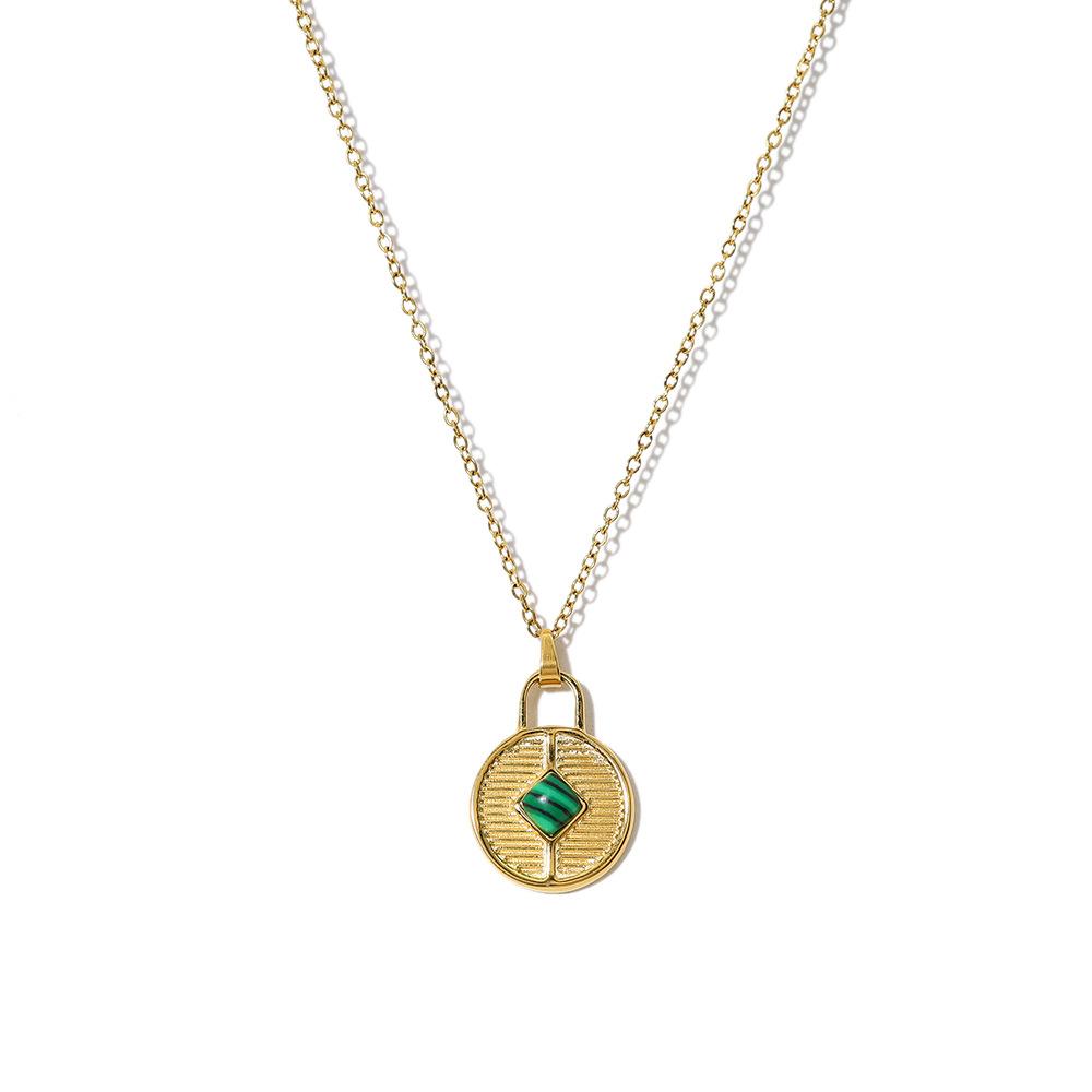 French Retro Style 18K Gold Titanium Steel Necklace Inlaid With Malachite Pendant Women'S Collarbone Chain Necklace