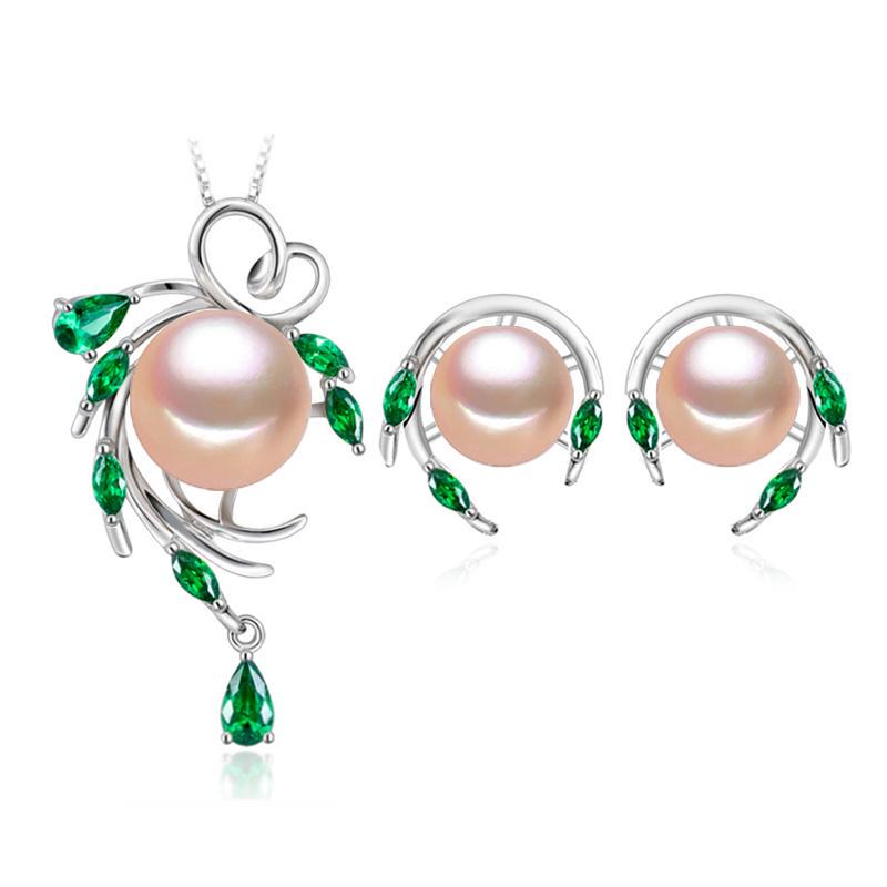 

LSOOYH натуральный пресноводный жемчуг модные зеленые кристаллы в виде листьев ожерелья серьги для женщин комплекты ювелирных изделий розовый