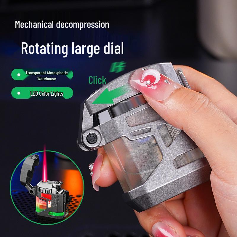 Transparent Mech Style Lighter with Large Capacity Gas Chamber and Light Feature
