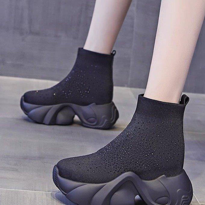 Hot Selling Knitted Socks Boots for Women 2025 Autumn Thick Soled Rhinestone Knitting Shoes Casual Inner Increase Elastic Boots