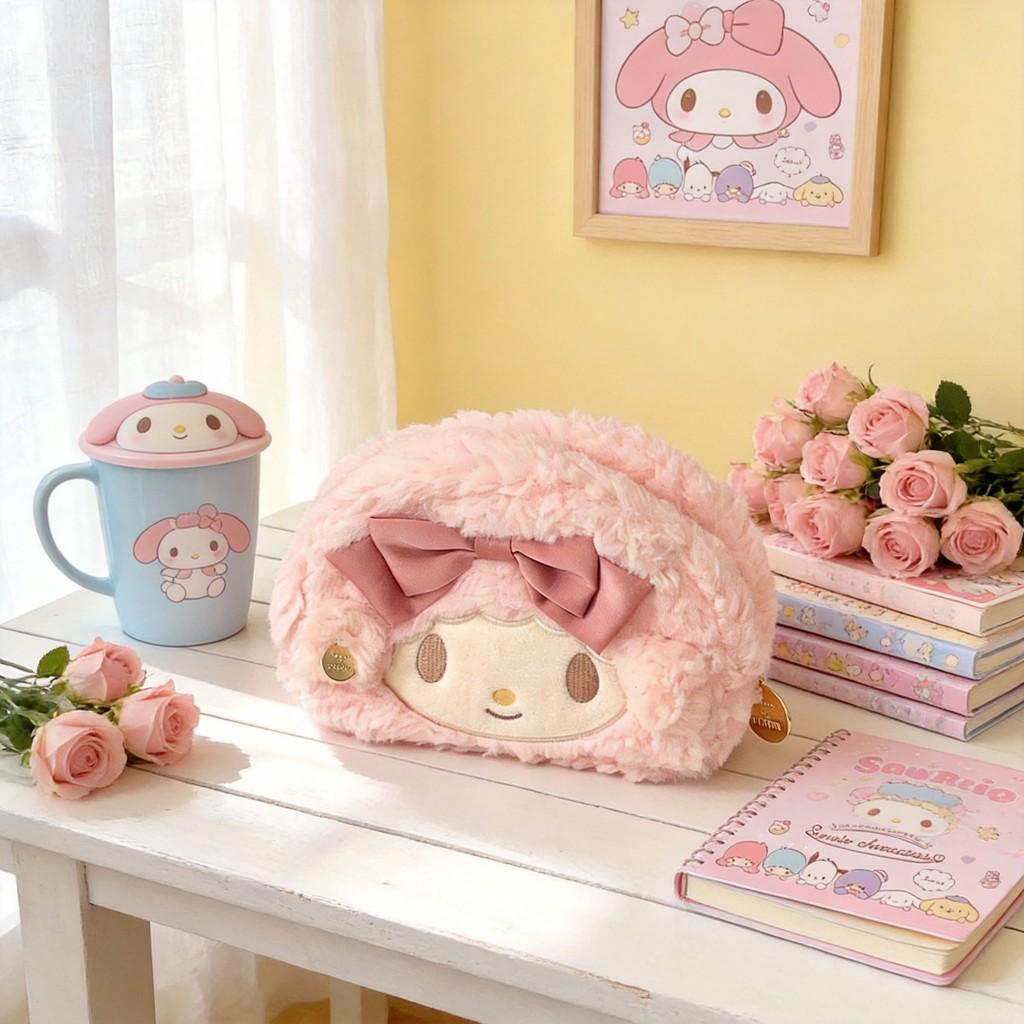 Cute Sanrio Melody Plush Pencil Bag Girl Cartoon Makeup Bag