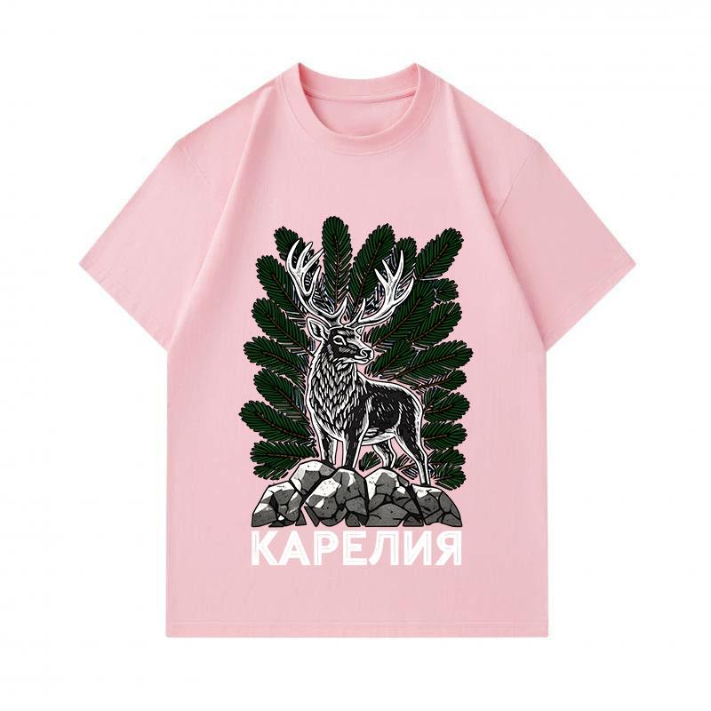Men's 100% Cotton Short Sleeve Crew Neck T-shirt, Retro Karelia Deer Pine Nature Printed Casual Daily Comfortable Lightweight Tee for Outdoor Lover
