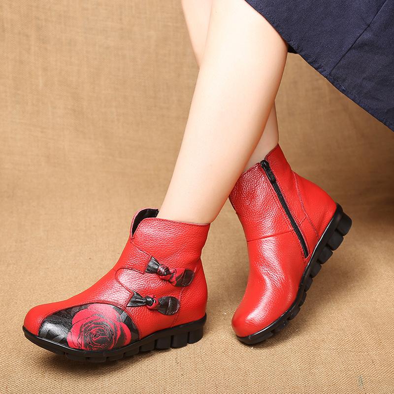 retro winter new  Luxury women Real leather Boots ladies ankle boots flat heeled butterfly bow with plush warm women shoes