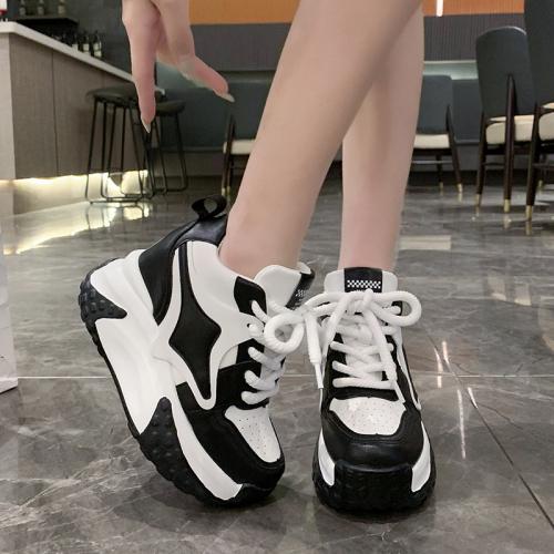 fashion Women Chunky Sneakers 9.5CM Heels Winter Thick Sole Casual Vulcanized Shoes High Platform Leather Sneakers Woman Free Ship