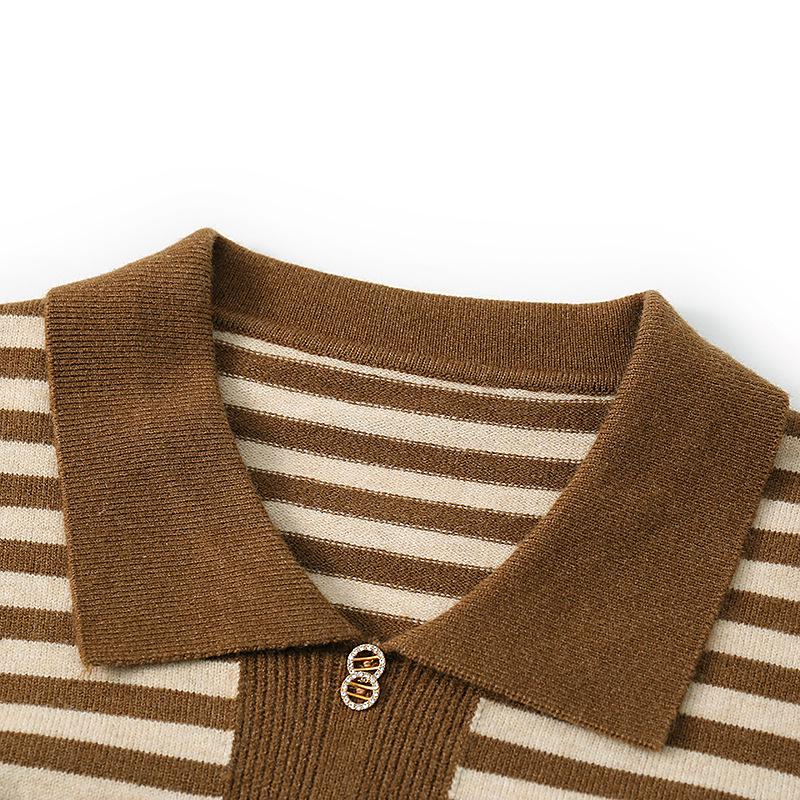 Elegant Women's Striped Knit Sweater with Turn-Down Collar - Versatile Fall Fashion for Moms